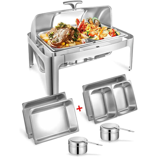 Rectangular Roll Top Chafing Dish Buffet Set, 1 Full Size & 2 Halfs