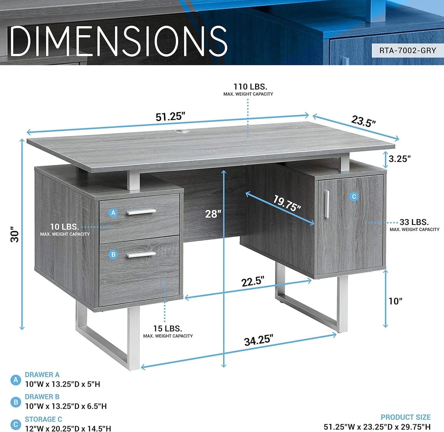 Computer table Modern Office Desk, Storage Gray