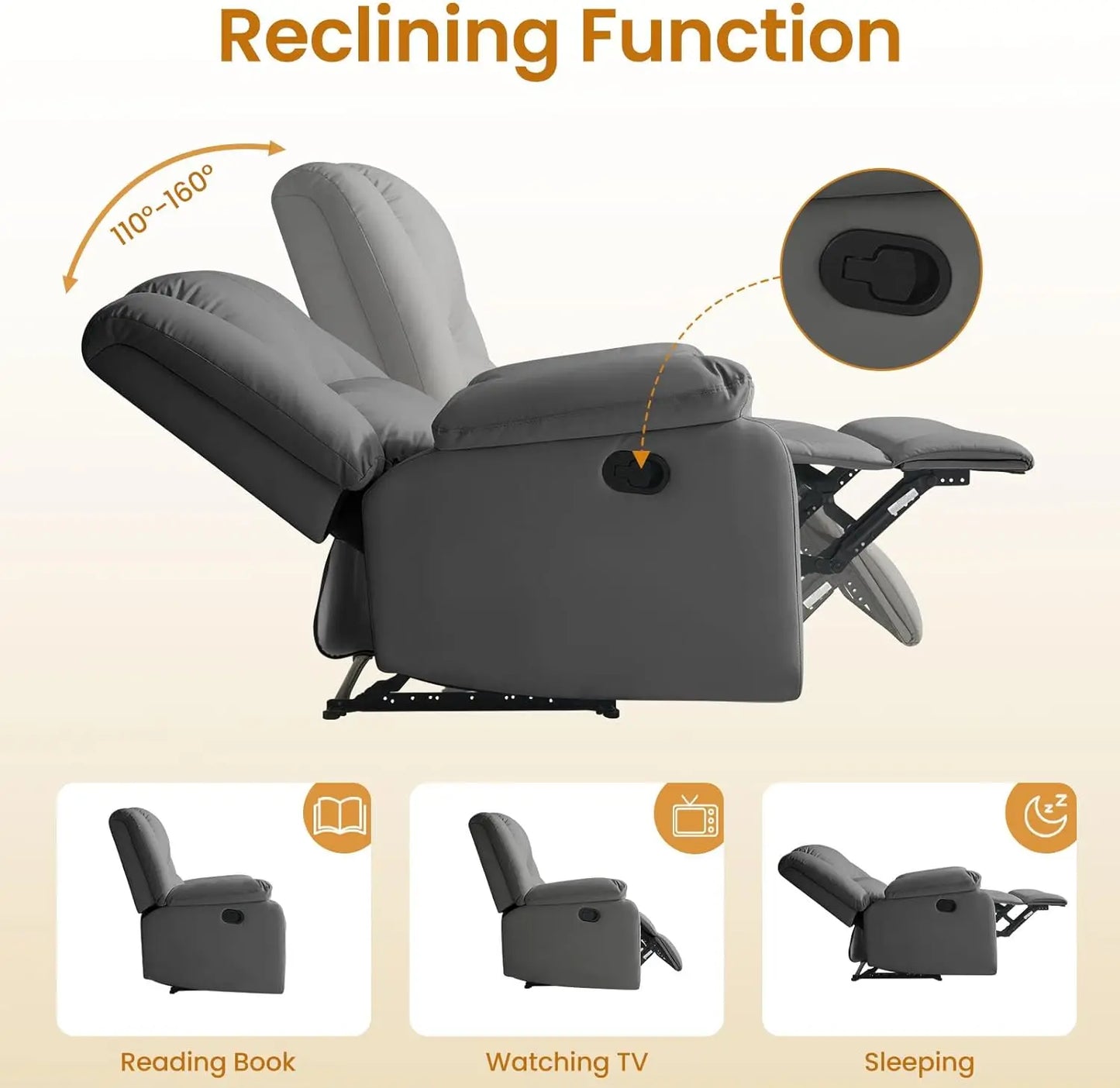 Manual Recliner Chair for Adults, Waterproof, Leather, Reclining,  for Small Spaces