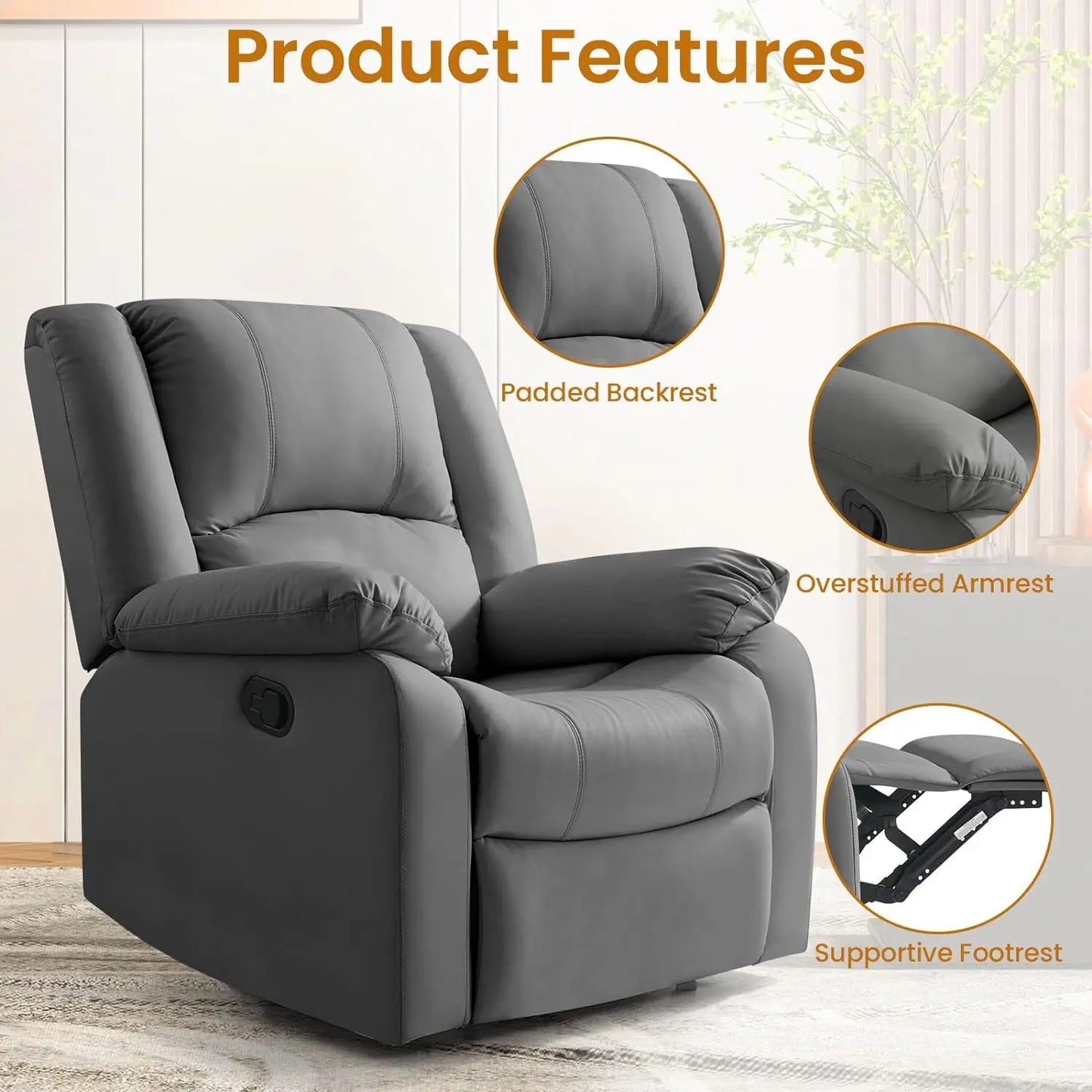 Manual Recliner Chair for Adults, Waterproof, Leather, Reclining,  for Small Spaces