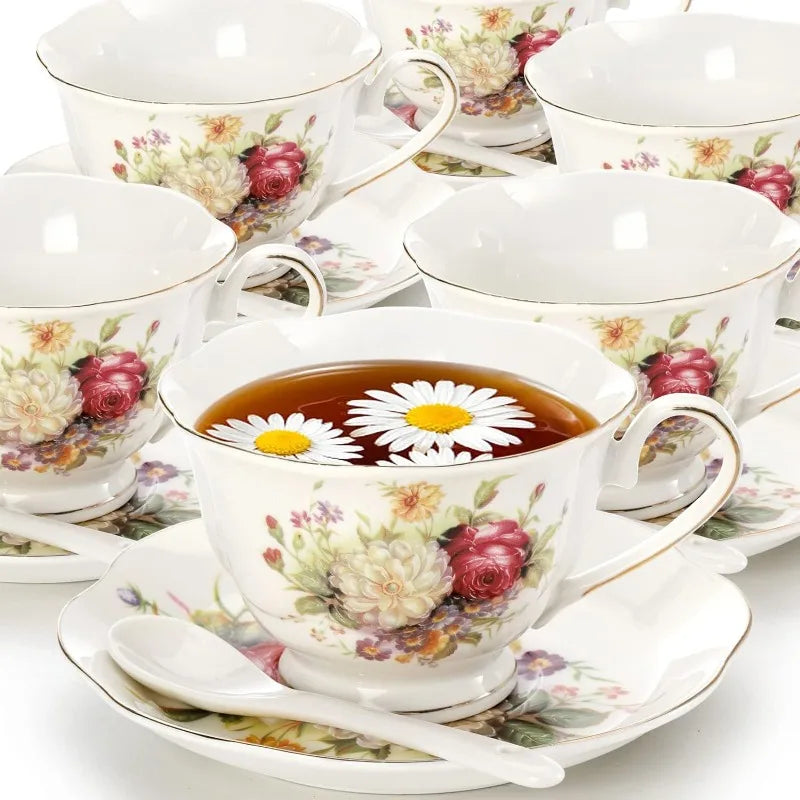 6 Tea Cups, Saucers Set,  Floral/Gold Trim, Spoons - Good Bargain Finds