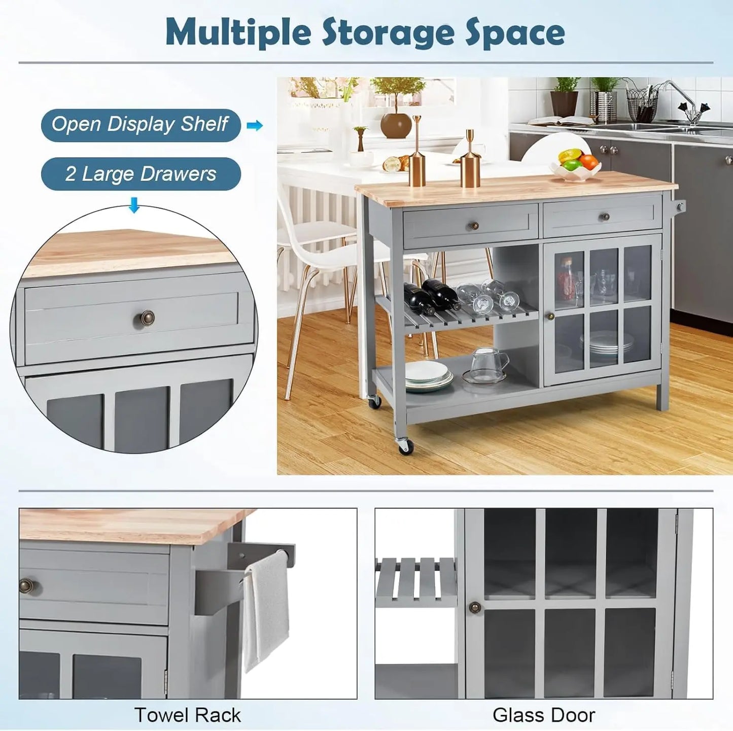 Kitchen Island Cart, 42" Width, Storage, Wood Tabletop, 2 Lockable Wheels, Towel Rack & Trolley