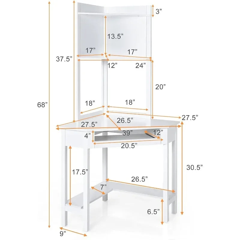 Corner Desk/Hutch, 90 Degrees Triangle ,Keyboard Tray & Bookshelves for Small Space