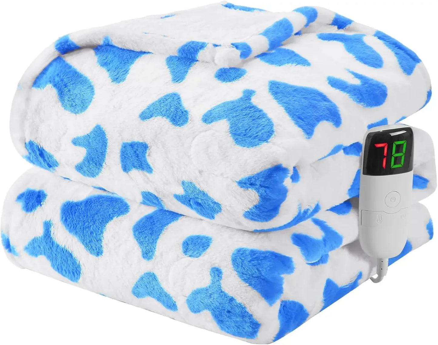 Cow Print Heated Electric Throw, 62x84 Twin Faux Fur, 10 Heating Levels, Soft Cozy Sherpa Blanket