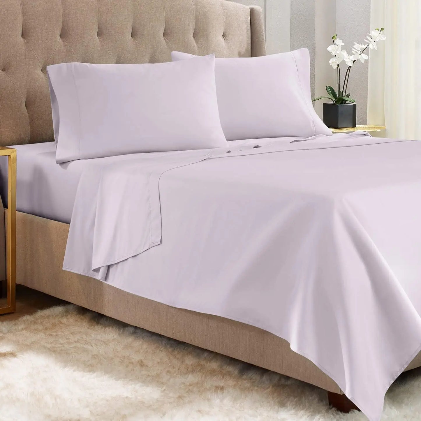 Double Brushed Microfiber Queen Size Sheets, Hotel Luxury Light Gray Lavender, 4 Corner Elastic Straps