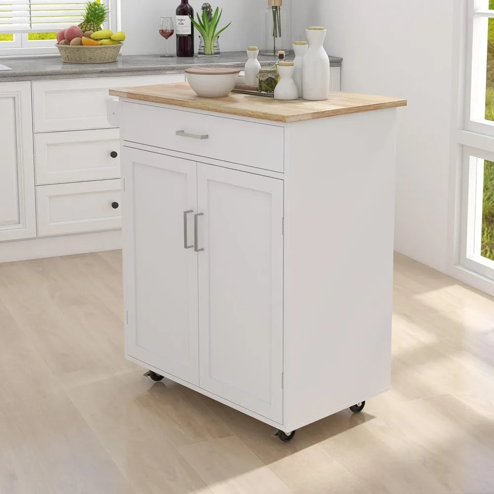 White Rolling Trolley Cart, Solid Wood Countertop, One Drawer,, 2 Doors Towel Rack