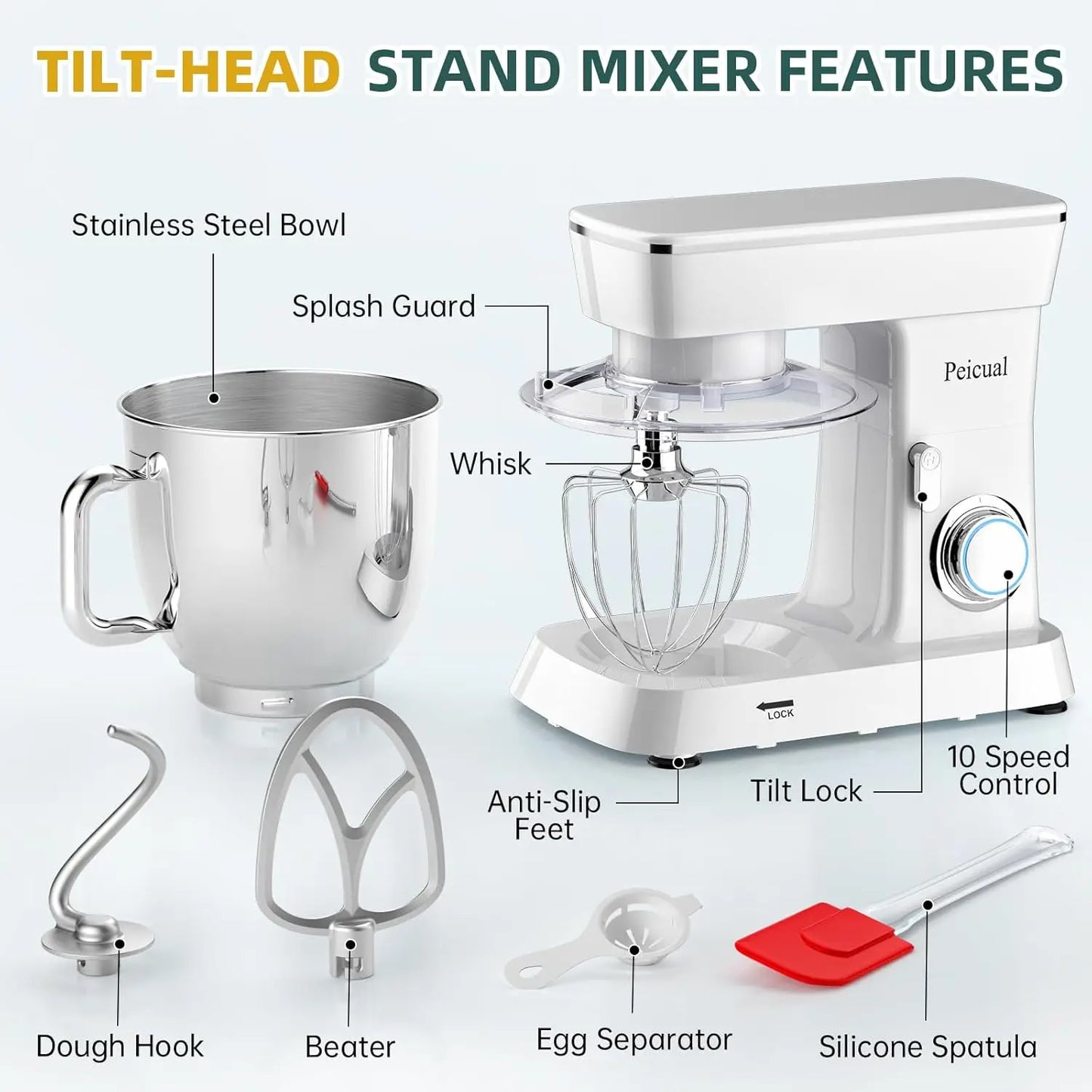 Stand Mixer, 5.5QT 10+P Speed Tilt-Head Electric Mixer, Stainless Steel Bowl, Dough Hook, Flat Beater