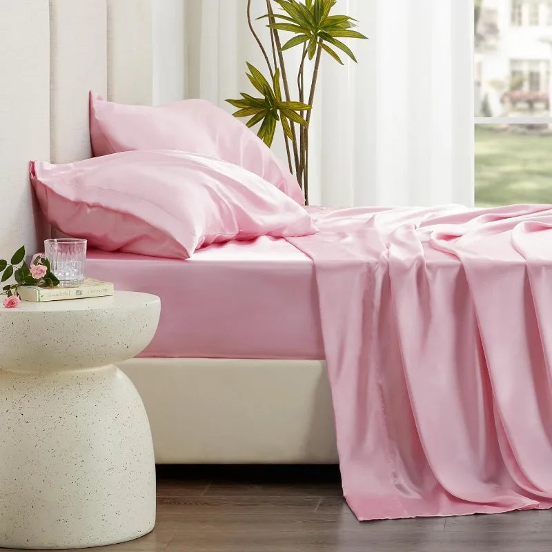 4 Piece Pink Silky Satin Bed Sheets Queen Set, Deep Pocket