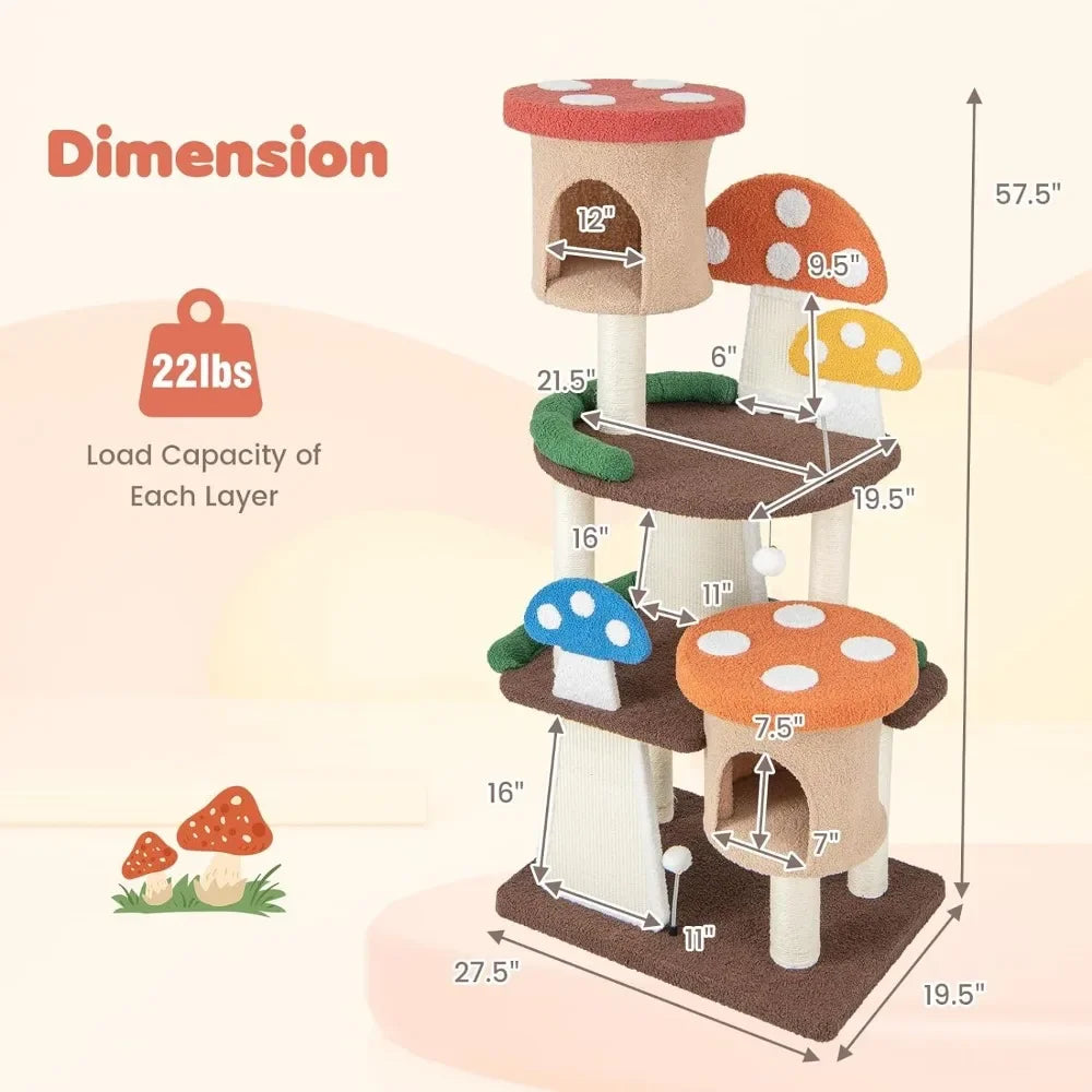 Mushroom Cat Tree, Full-Wrapped Sisal Posts, Scratching Boards & Interactive Balls, Multi story cute cat tower