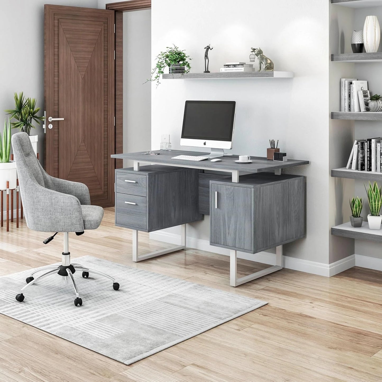 Computer table Modern Office Desk, Storage Gray