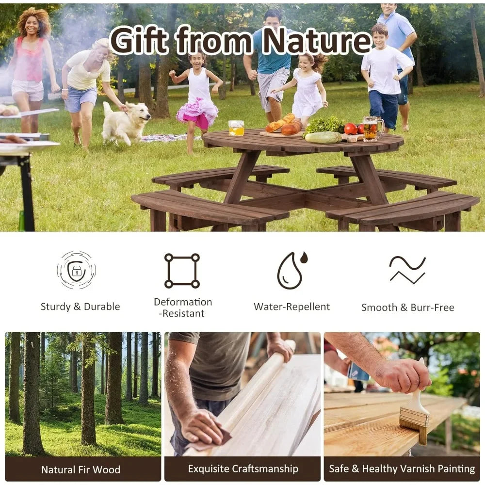 8 Person Wood Outdoor Round ,Picnic Table, 4 Built-in Benches, Umbrella Hole,