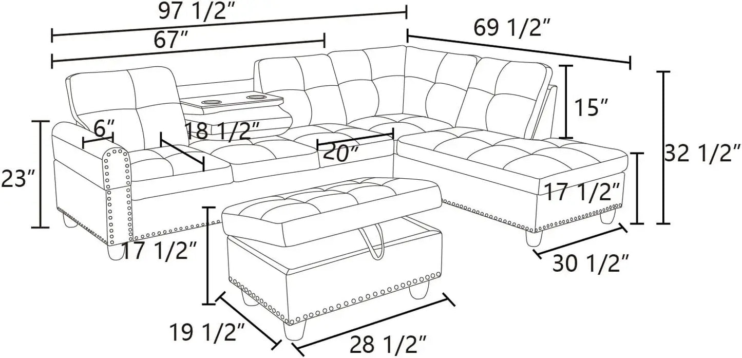 L-Shaped Sectional Couch, Faux Leather Upholstered, Storage Ottoman, Large Button Tufted