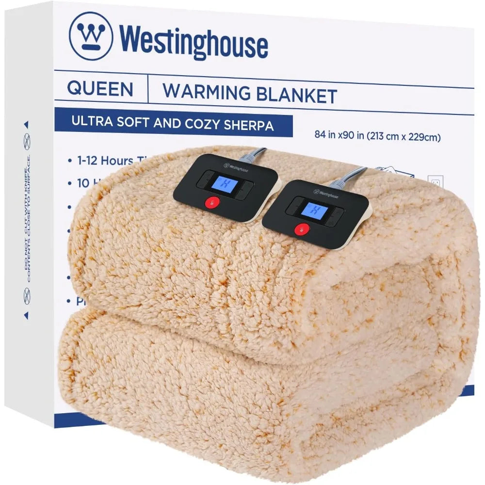 Electric Blanket Queen Size, Soft Plush Sherpa, 10 Heating Levels & 1-12 Hours Auto-Off