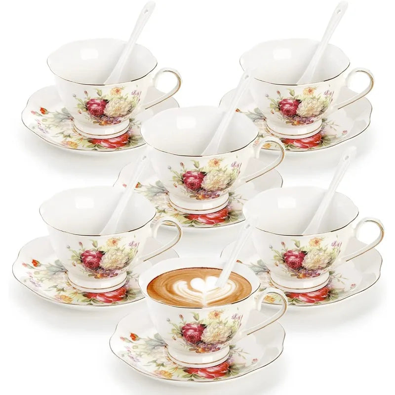 6 Tea Cups, Saucers Set,  Floral/Gold Trim, Spoons - Good Bargain Finds