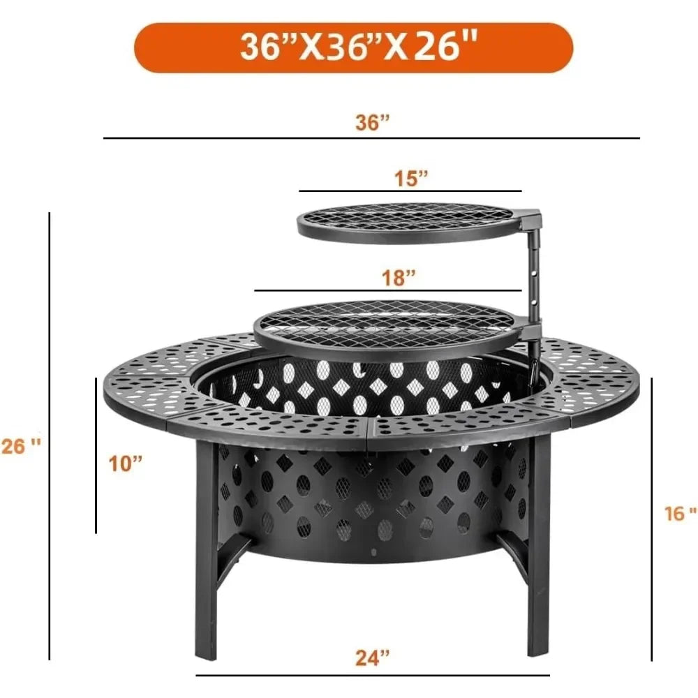 36 Inch ,2 Grills, Wood Burning Fire Pits for Outside with Lid, Poker and Round Waterproof Cover