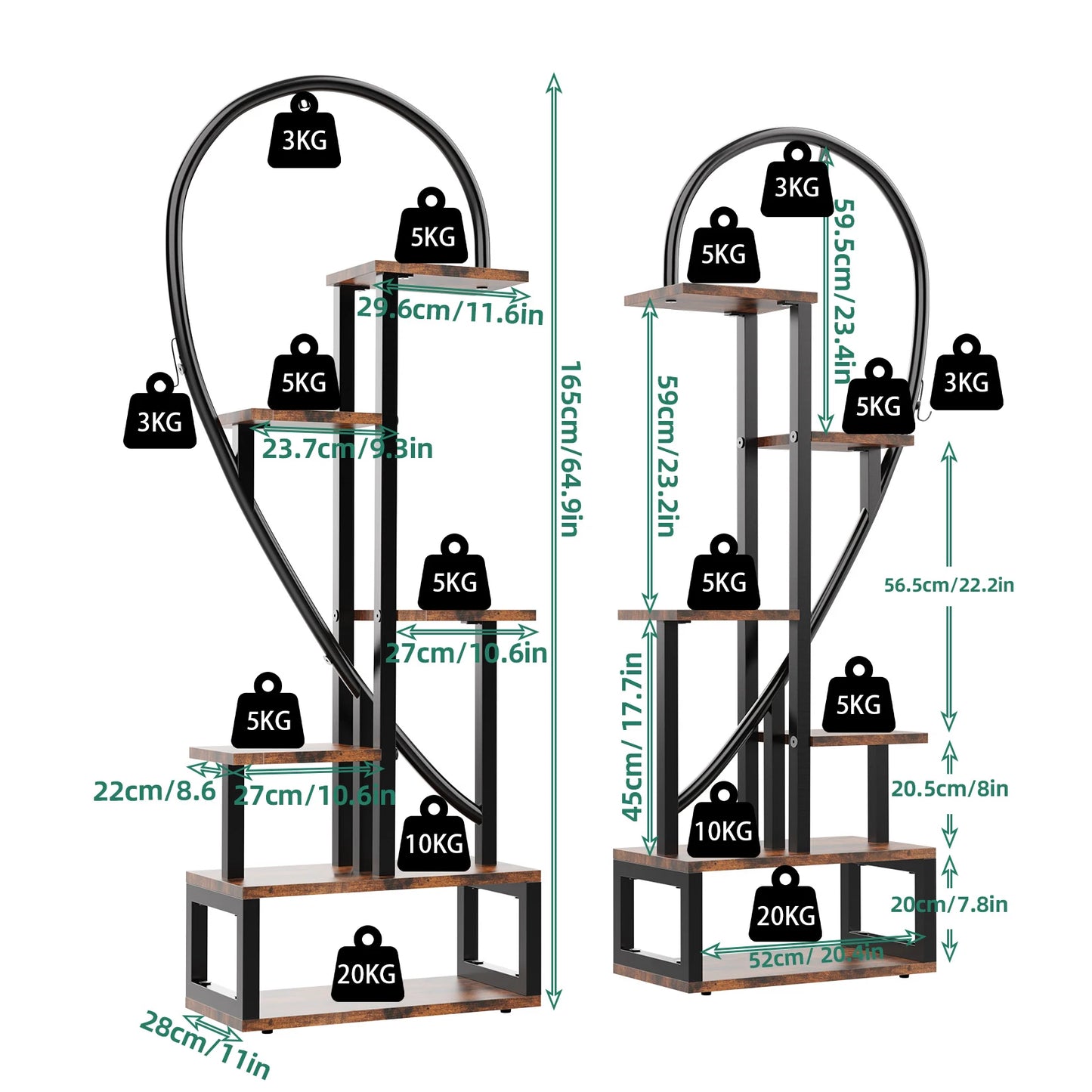 6 Tier Metal Plant Stand, Half Heart, Indoor Plants,  Black