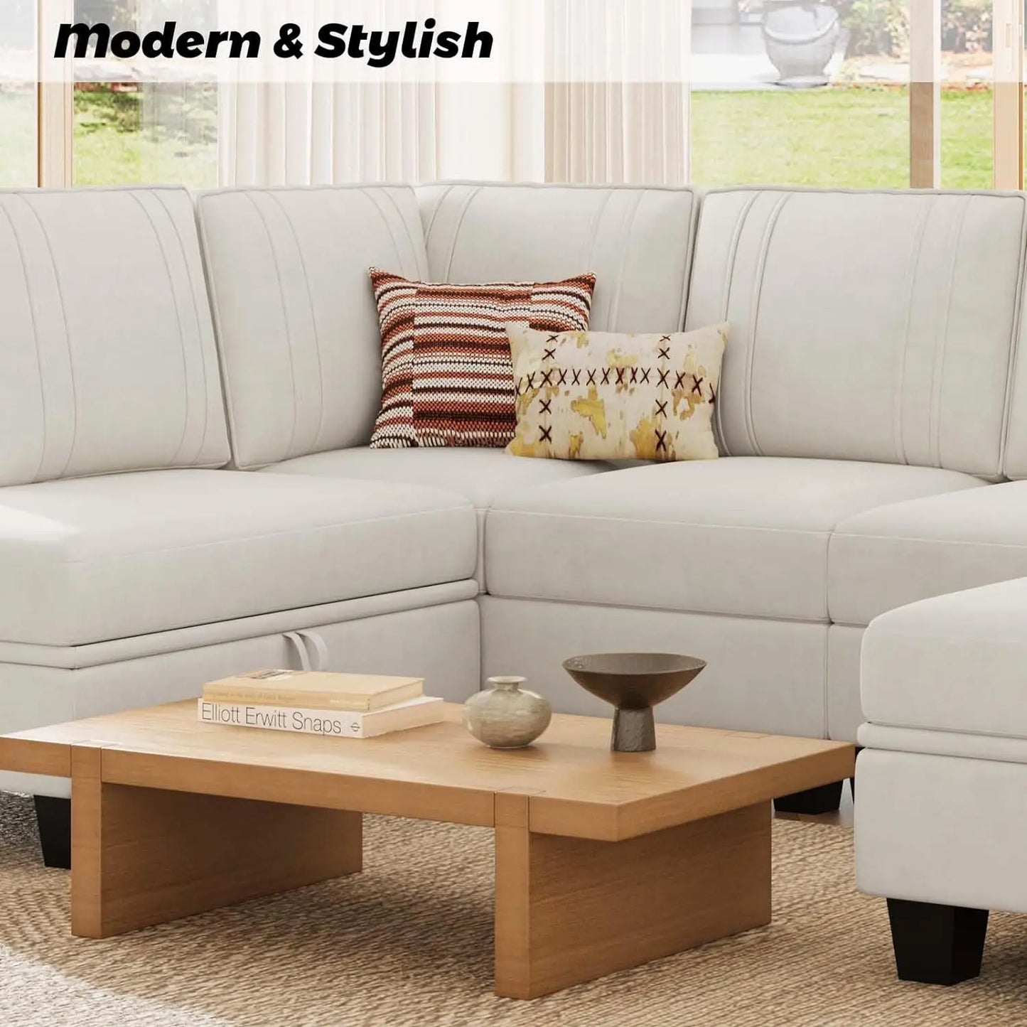 Velvet Reversible Sectional Sofa, Storage Ottoman, Cream