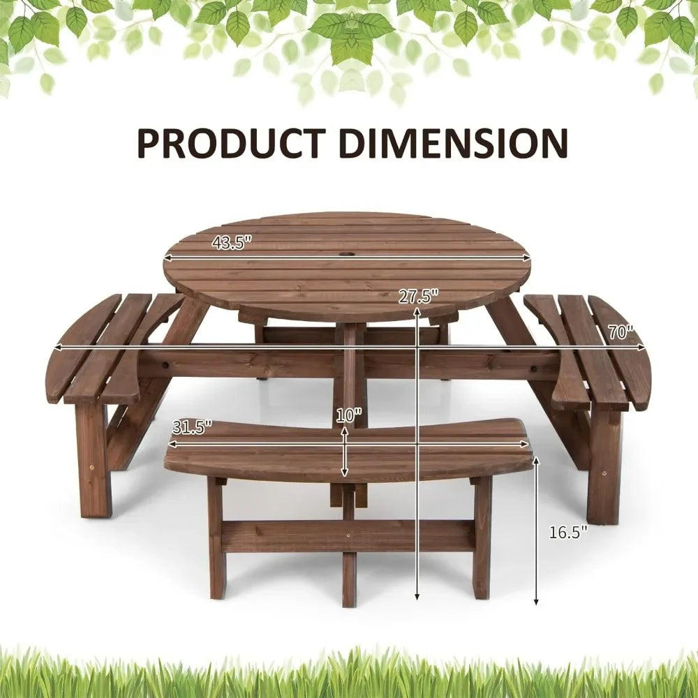 8 Person Wood Outdoor Round ,Picnic Table, 4 Built-in Benches, Umbrella Hole,