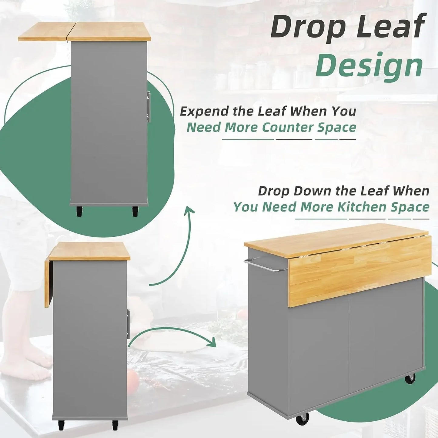 Rolling Kitchen Island Cart. Folding Drop Leaf Breakfast Bar, Large Storage Cabinet,