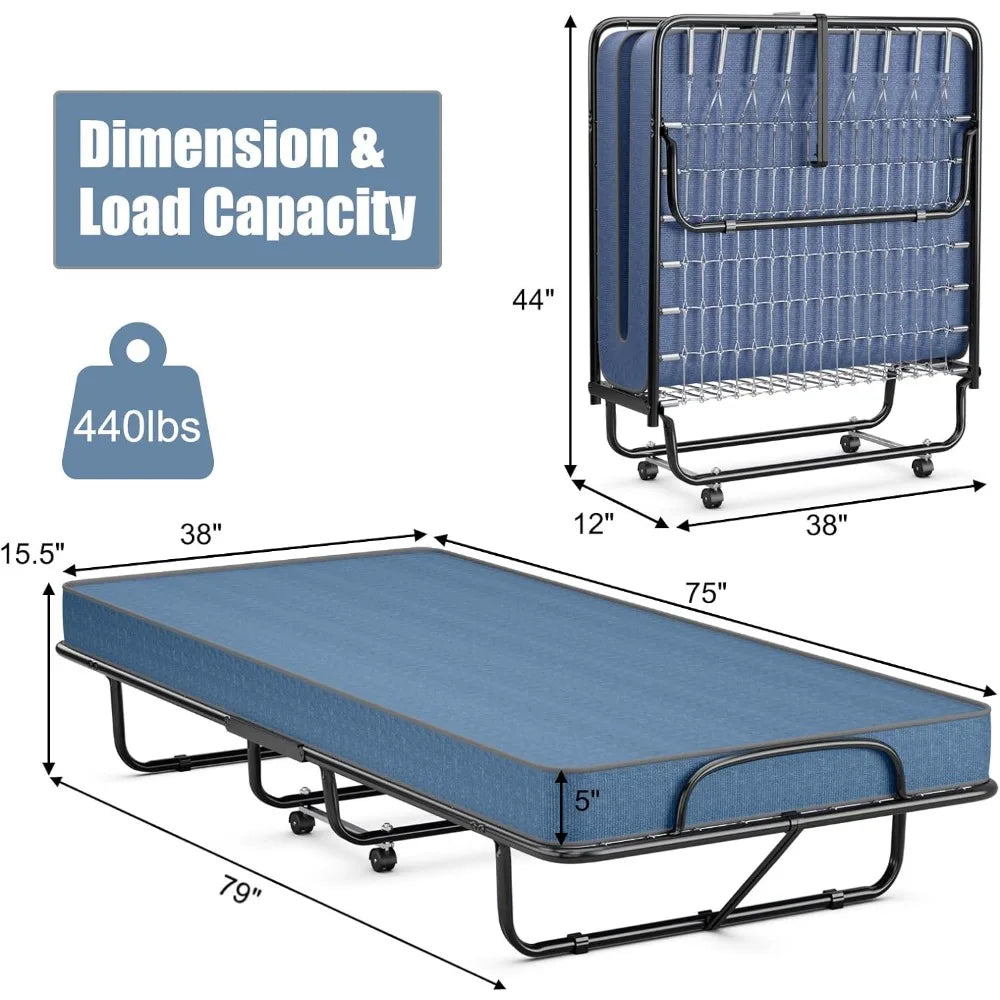 Rollaway bed, Twin bed, 5" mattresses, foam,  wheels