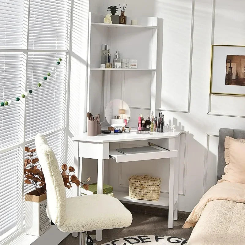 Corner Desk/Hutch, 90 Degrees Triangle ,Keyboard Tray & Bookshelves for Small Space