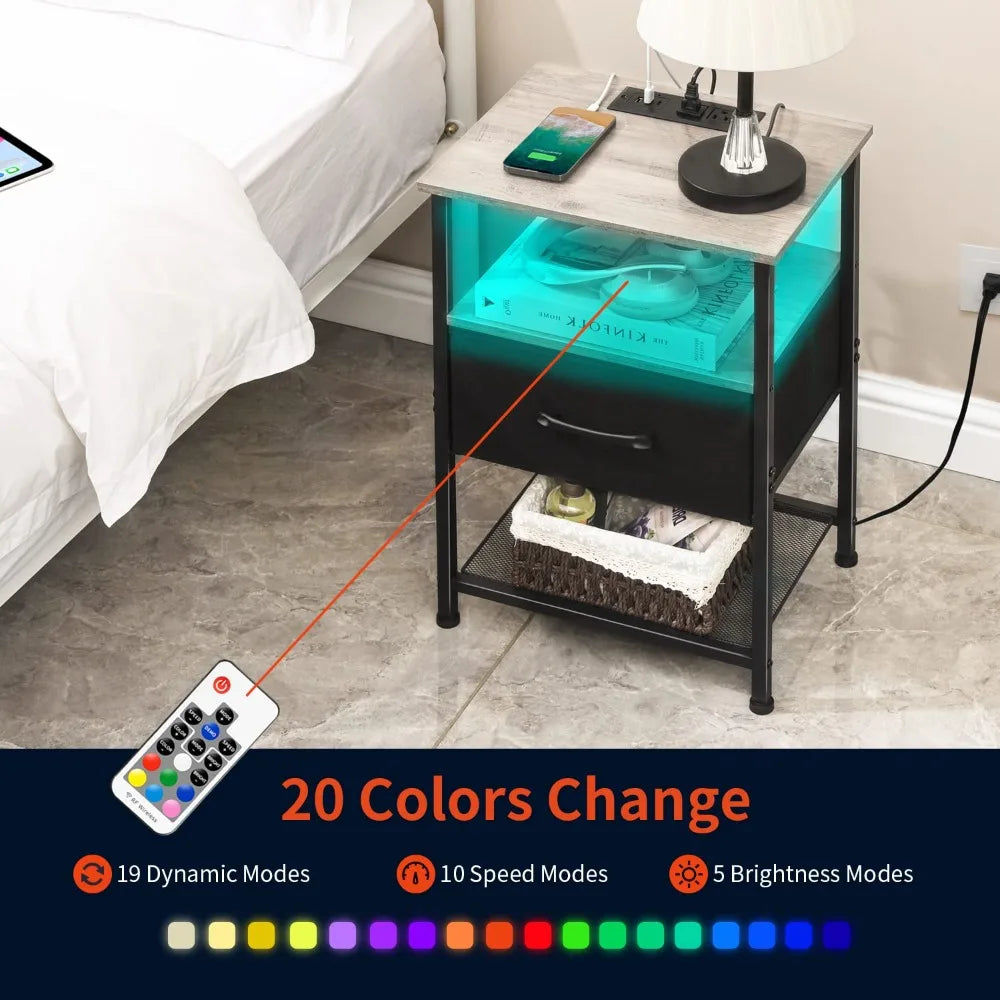 Nightstands Set of 2, Charging Station, Drawer,  20 Colors LED Light Strip and 2 Layer,s Shelf