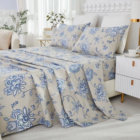 4pcs 600 TC 100% Egyptian Cotton Fitted Sheet Set in Boho Damask Paisley, Soft & Skin-friendly