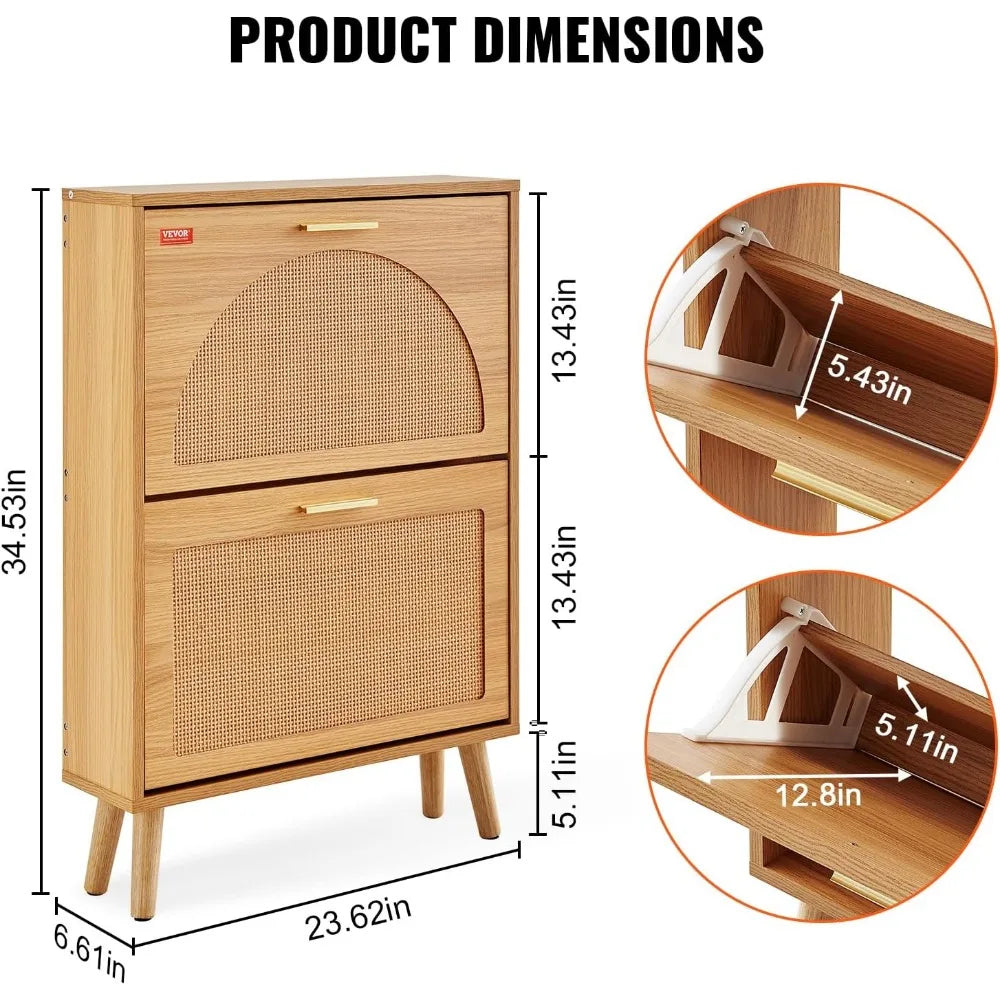 Shoe Storage Cabinet, 23.6" D x 6.6" W x 34.5" H, Wood Color - Good Bargain Finds