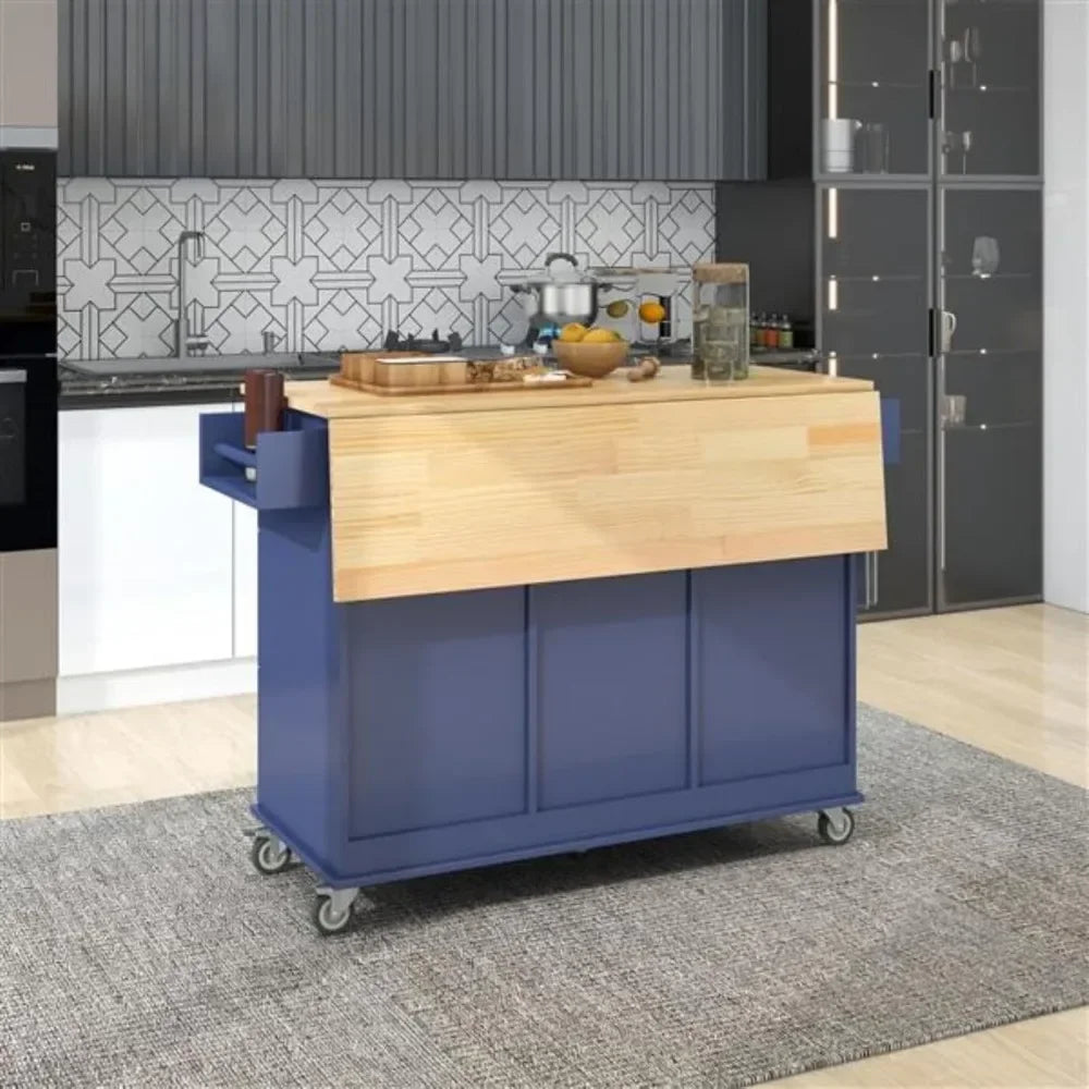 Cabinet, Drop Down Board, Solid Wood Top, Dark Blue, Kitchen Islands Trolleys