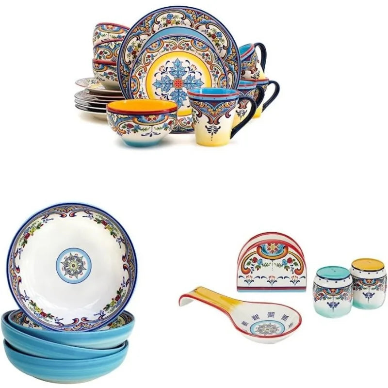 Zanzibar Collection 16 Piece Dinnerware Set Kitchen and Dining, Service for 4, Spanish Floral Design, Multicolor