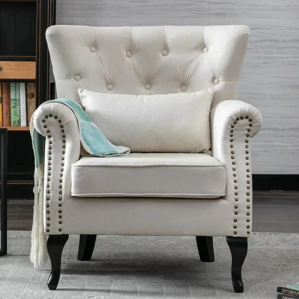 Fabric chair, medieval accent wing back chair, upholstered seat, wooden legs