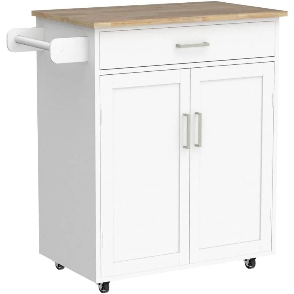 White Rolling Trolley Cart, Solid Wood Countertop, One Drawer,, 2 Doors Towel Rack