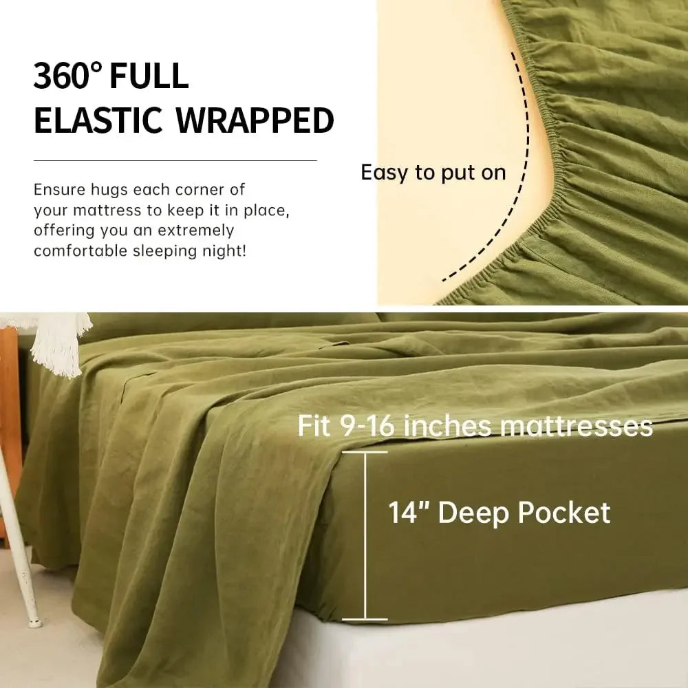 Washed Linen Bed Sheet Set, 4 Pieces (1 Flat Sheet & 1 Fitted Sheet & 2 Pillowcases)