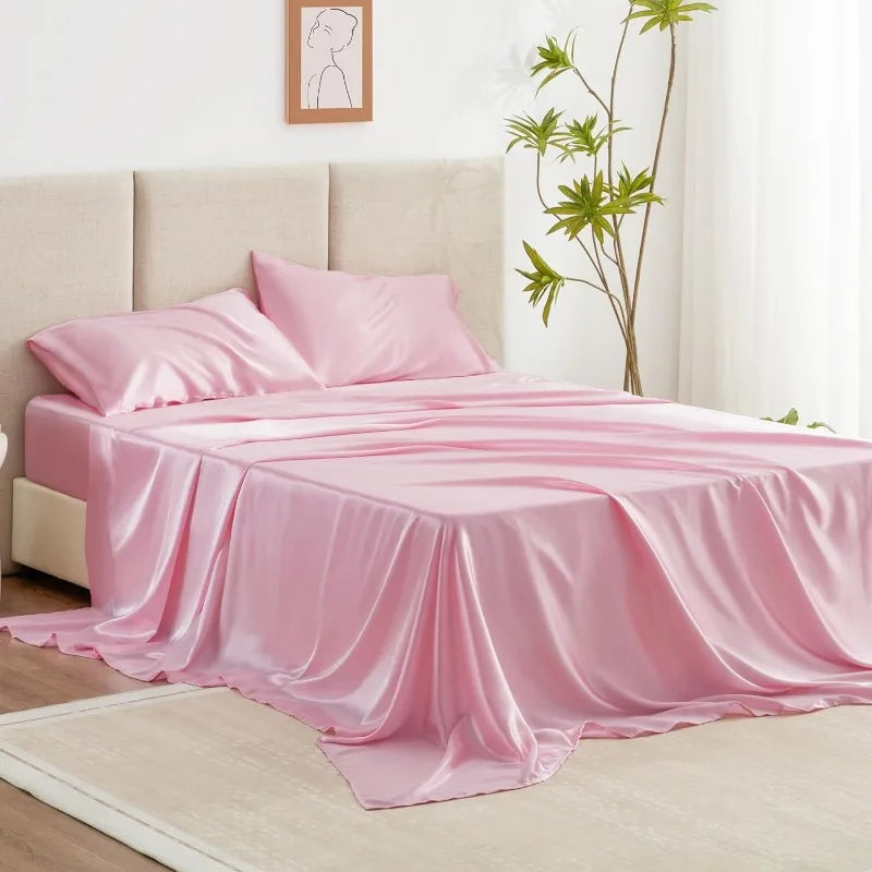 4 Piece Pink Silky Satin Bed Sheets Queen Set, Deep Pocket