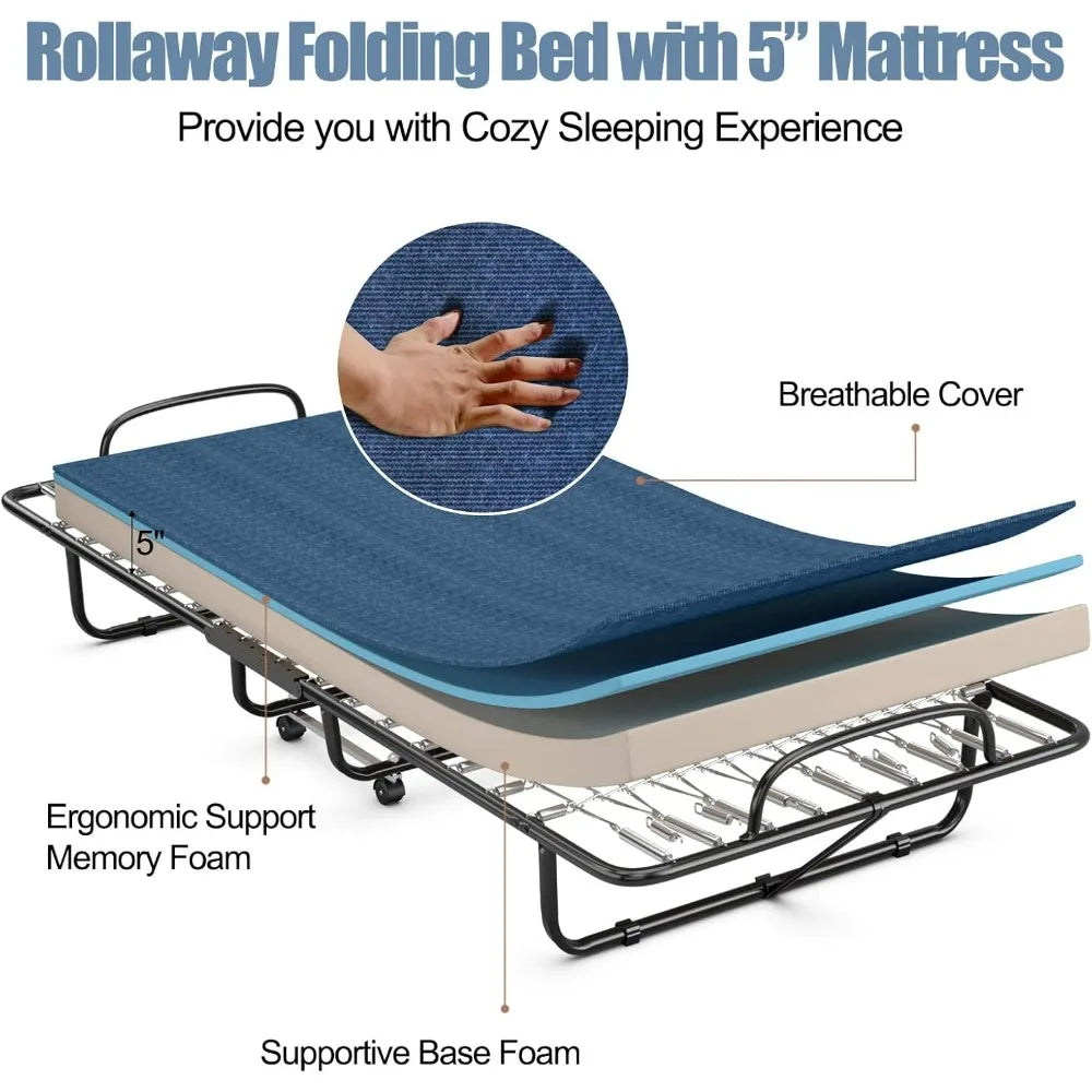 Rollaway bed, Twin bed, 5" mattresses, foam,  wheels