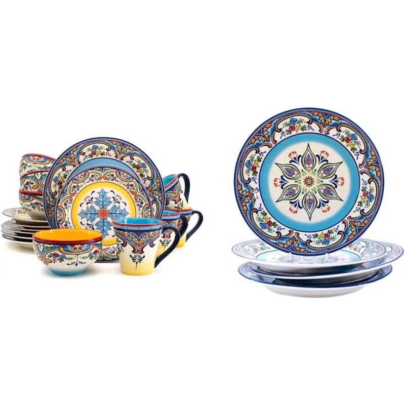 Zanzibar Collection 16 Piece Dinnerware Set Kitchen and Dining, Service for 4, Spanish Floral Design, Multicolor