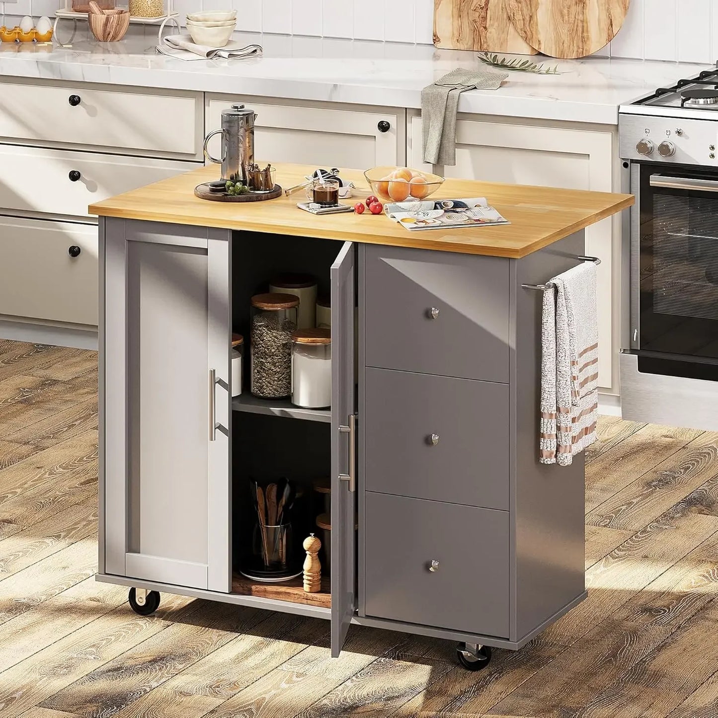 Rolling Kitchen Island Cart. Folding Drop Leaf Breakfast Bar, Large Storage Cabinet,