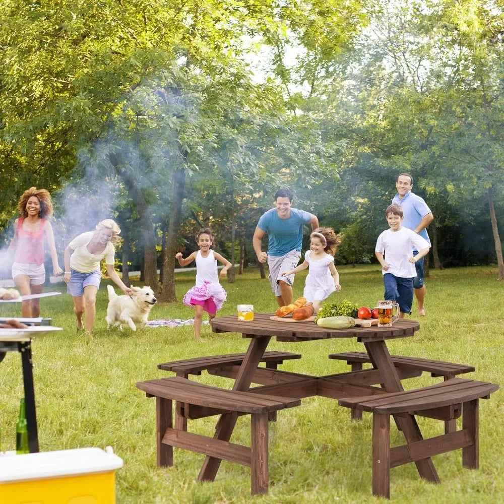 8 Person Wood Outdoor Round ,Picnic Table, 4 Built-in Benches, Umbrella Hole,