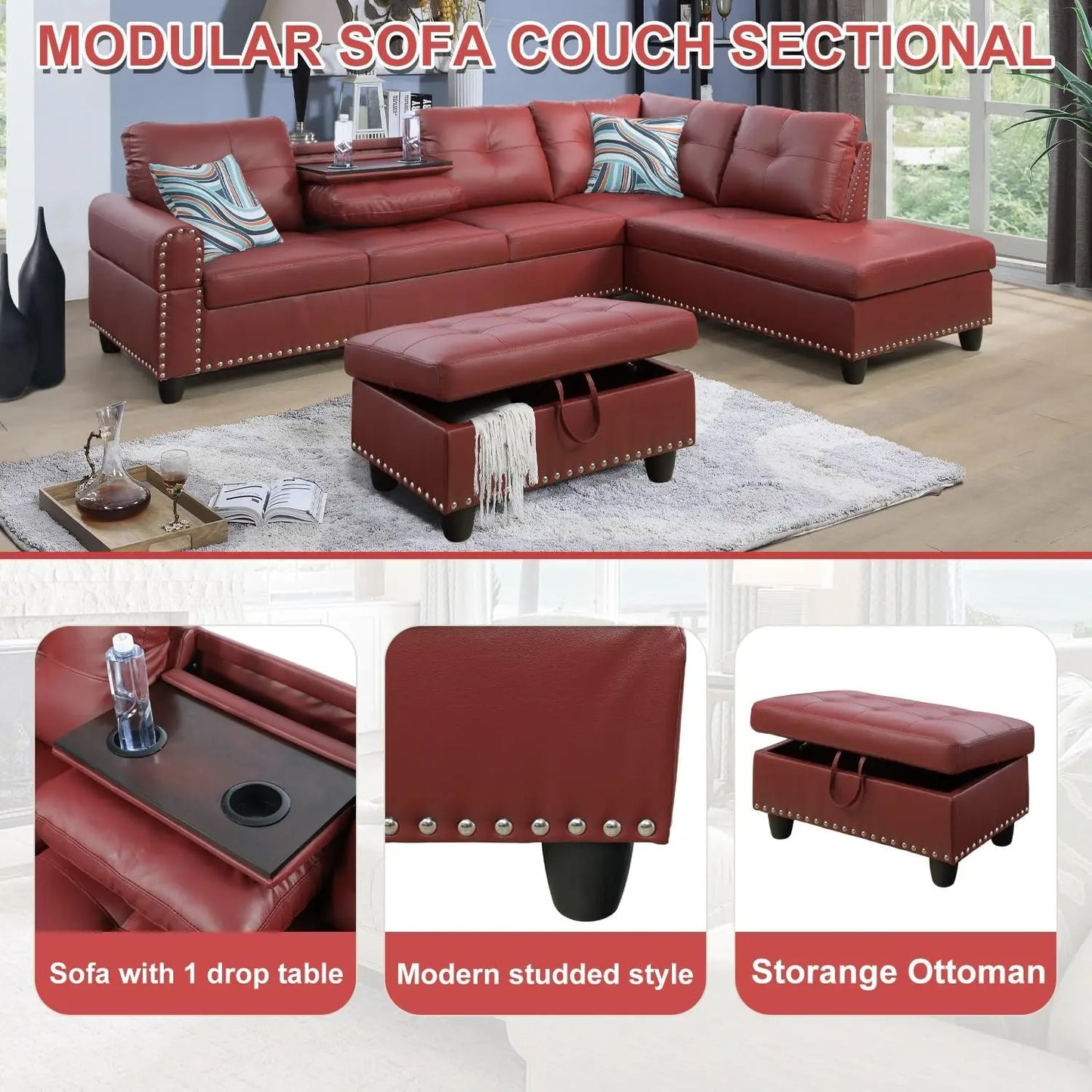 L-Shaped Sectional Couch, Faux Leather Upholstered, Storage Ottoman, Large Button Tufted