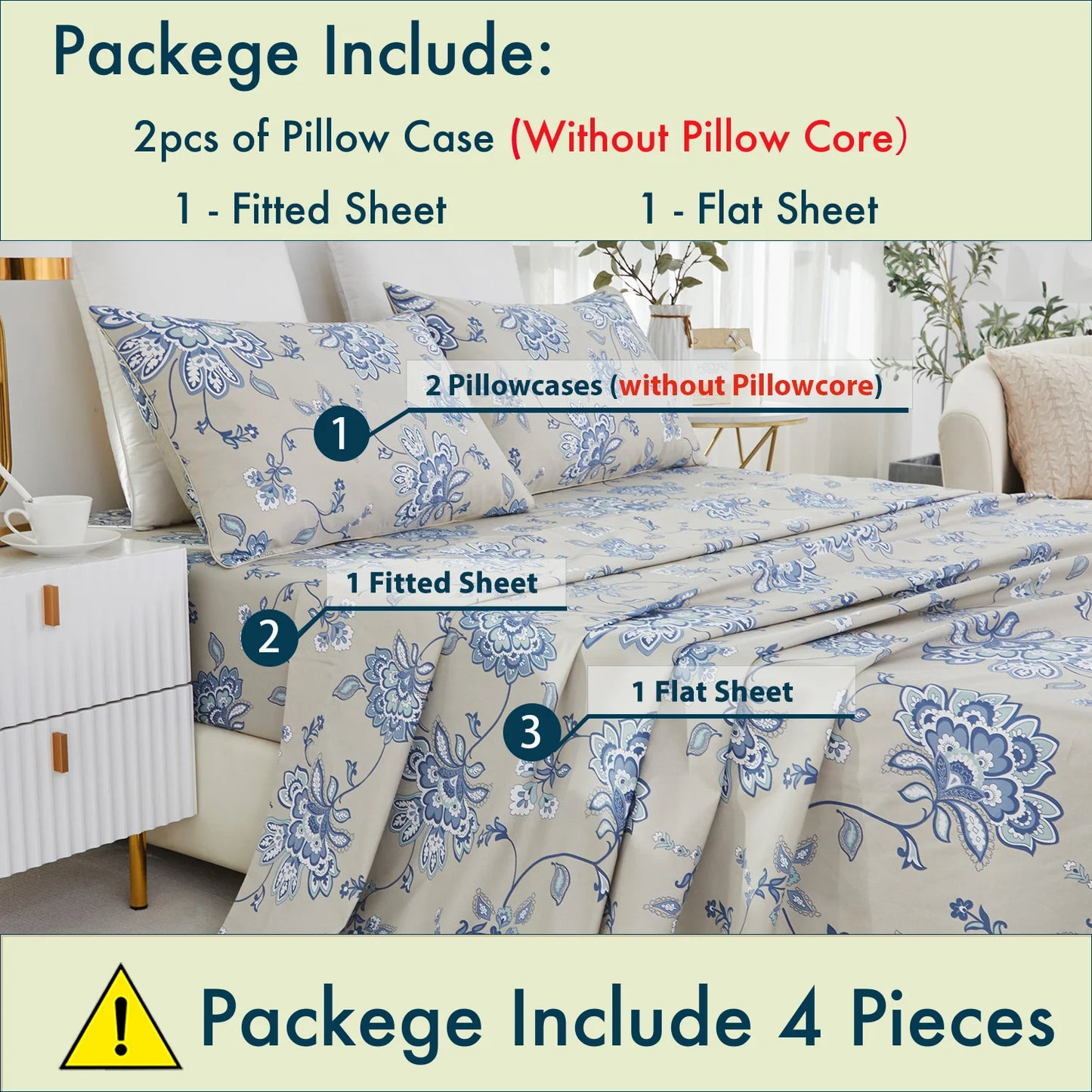 4pcs 600 TC 100% Egyptian Cotton Fitted Sheet Set in Boho Damask Paisley, Soft & Skin-friendly