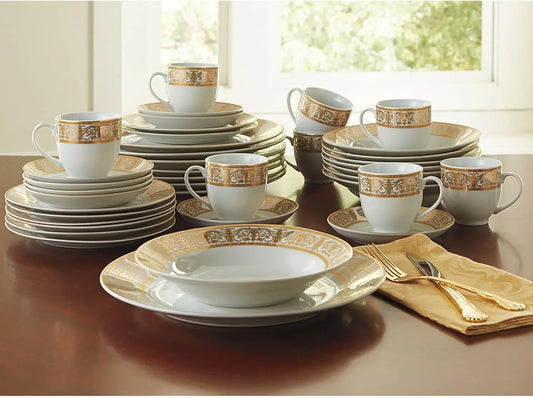 Ceramic Tableware Set 40-Piece Premium Golden Porcelain Dinnerware, Service For 8 Gold White