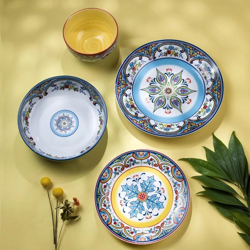 Zanzibar Collection 16 Piece Dinnerware Set Kitchen and Dining, Service for 4, Spanish Floral Design, Multicolor