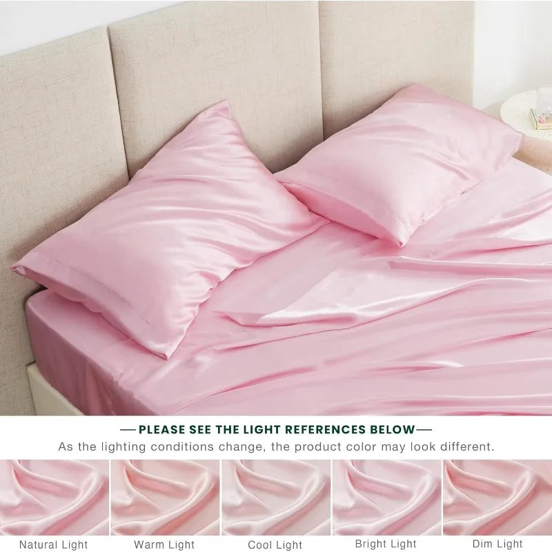 4 Piece Pink Silky Satin Bed Sheets Queen Set, Deep Pocket