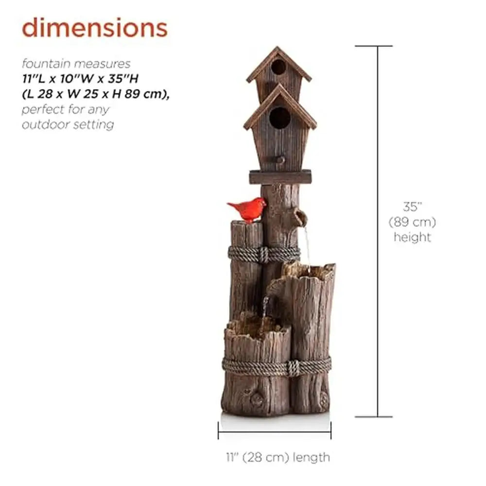 3-Tiered Log/Branch Waterfall Birdhouse Fountain Outdoor, Serene Woodland Sound, Rust-Resistant Polyresin 35"