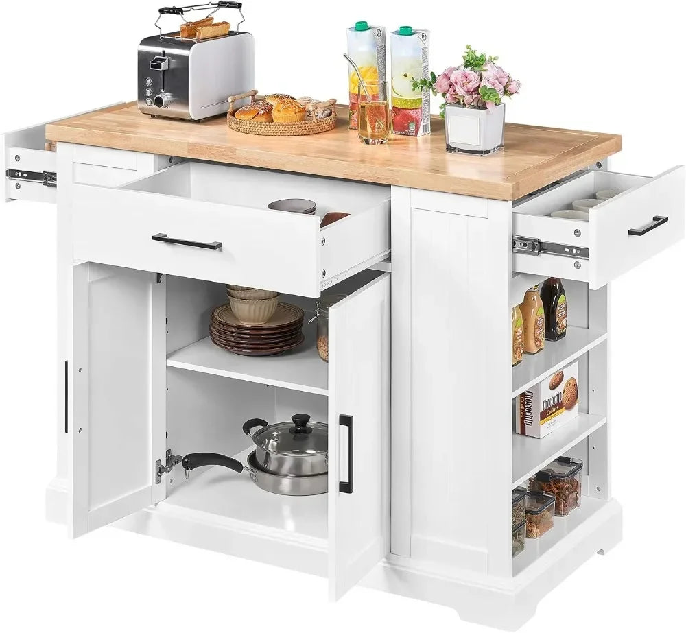 Rolling Kitchen Island Cart, 3 Drawers, Open Shelves, Inner Adjustable Shelves