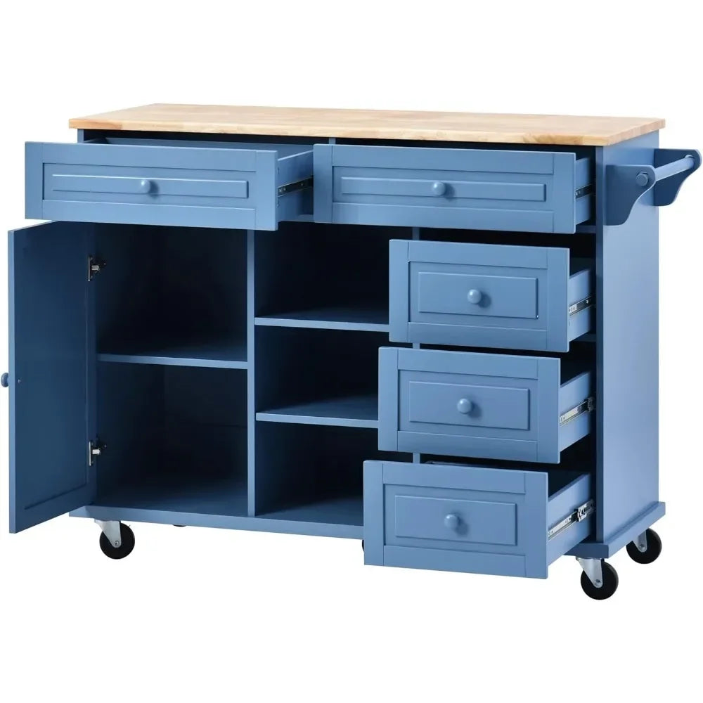 Island Cart, Doors Drawers, Rolling Sideboard, Storage Cabinet Trolley, (Blue)