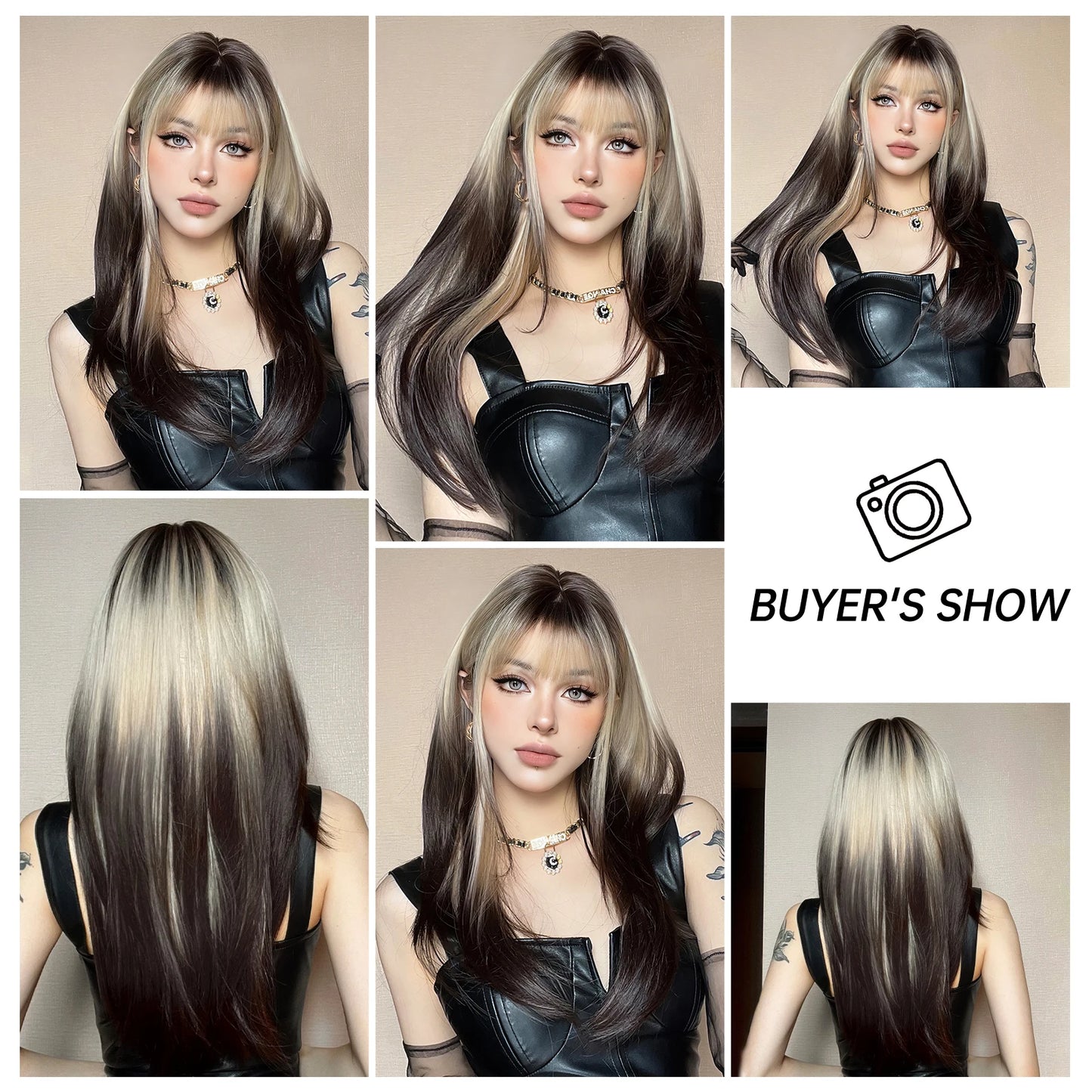 Long Brown Blonde Straight Synthetic Wig with Bangs - Good Bargain Finds