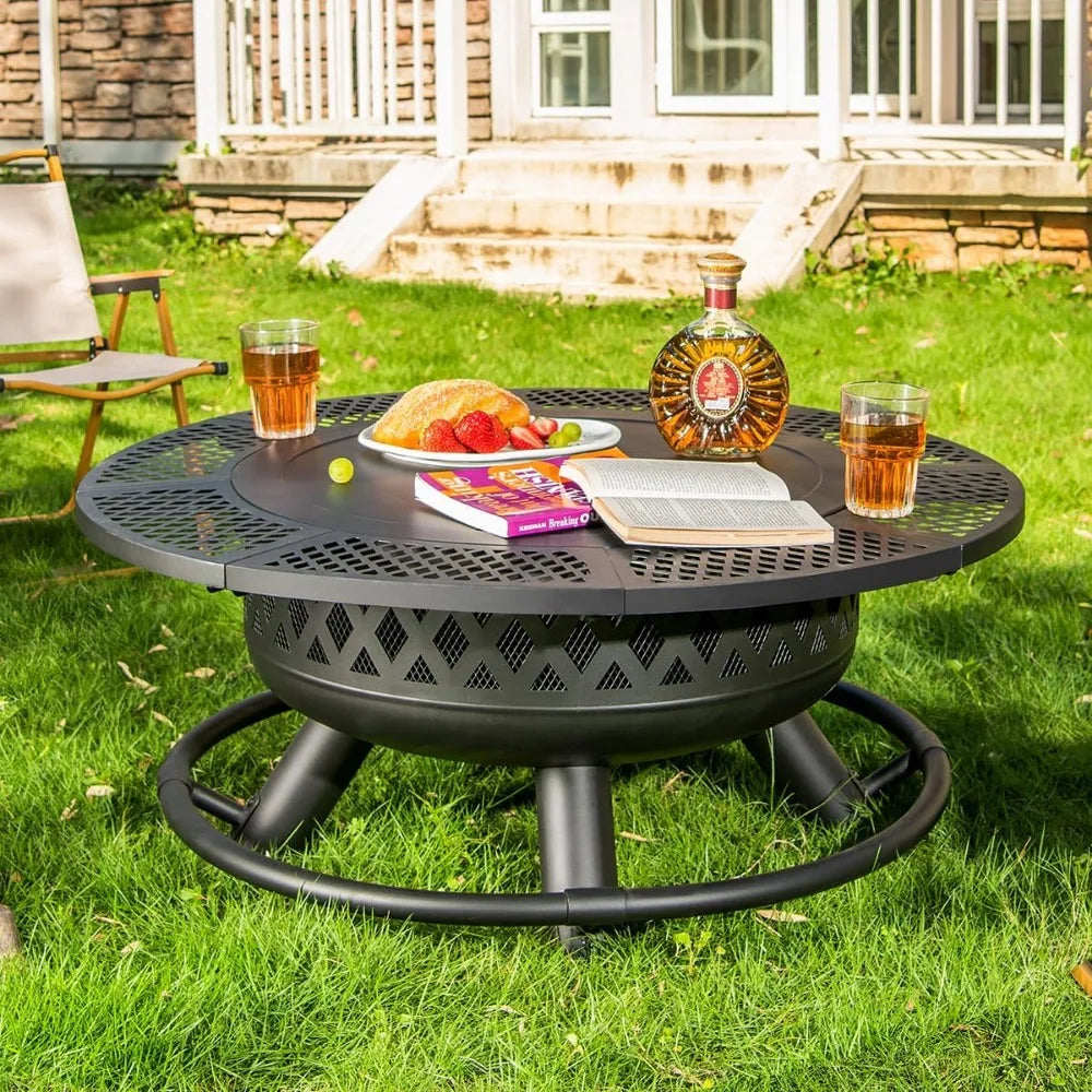 36 Inch Fire Pit Wood Burning Pits for Outside with Lid& Fire Poker, Round Metal Pit Table 3 in 1