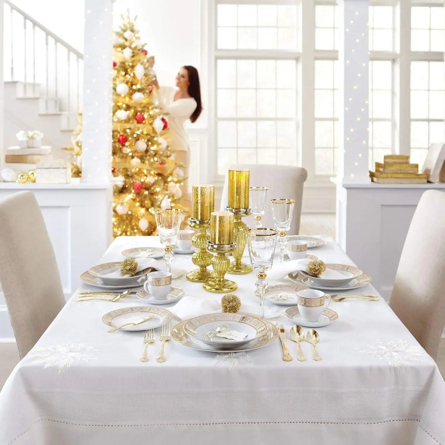 Ceramic Tableware Set 40-Piece Premium Golden Porcelain Dinnerware, Service For 8 Gold White