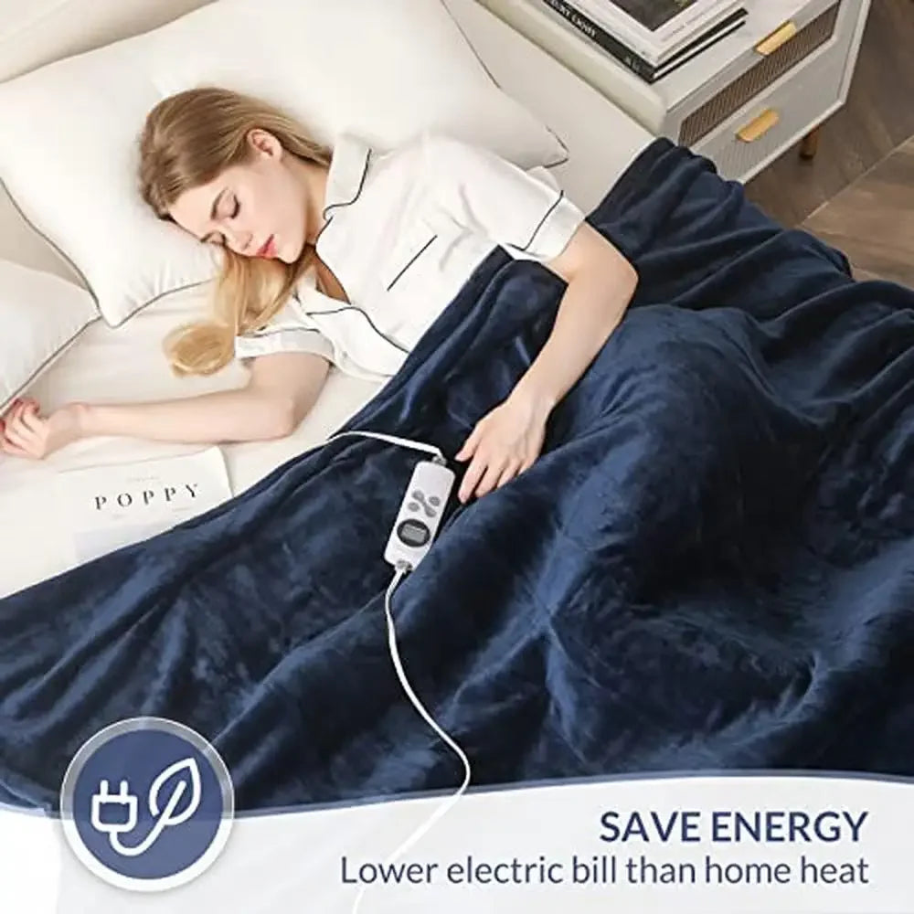 Electric Heated Blanket, Twin Size, 1-12hrs Timer,  Auto-Off, 10 Heating Levels, Double-Sided Flannel Navy Color